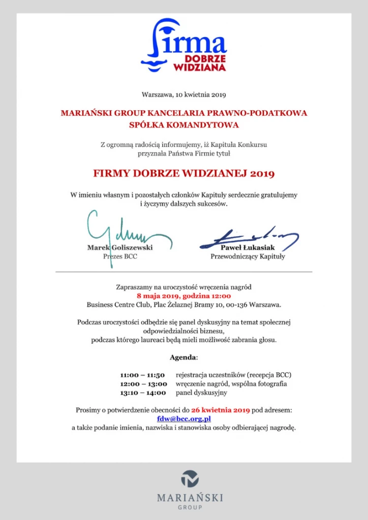 Mariański Group Firmą Dobrze Widzianą 2019