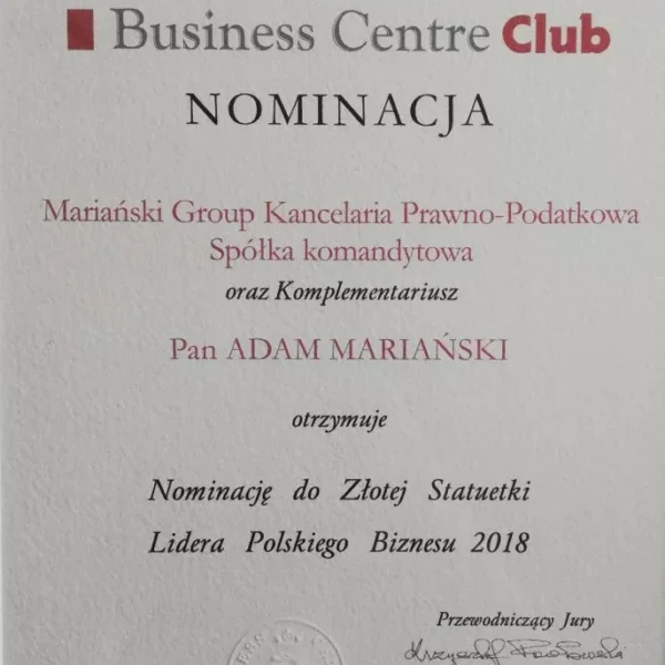 Adam Mariański otrzymał Nominację do Złotej Statuetki Lidera Polskiego Biznesu